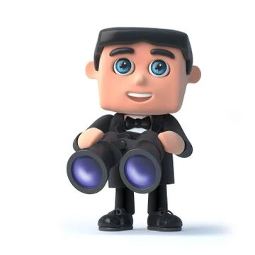 3d render of a man in a tuxedo and bow tie holding a pair of binoculars Stock Illustration