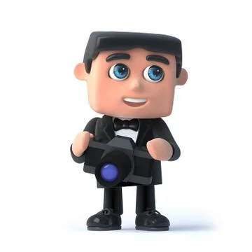 3d render of a man in a tuxedo and bow tie holding a camera Stockillustratie