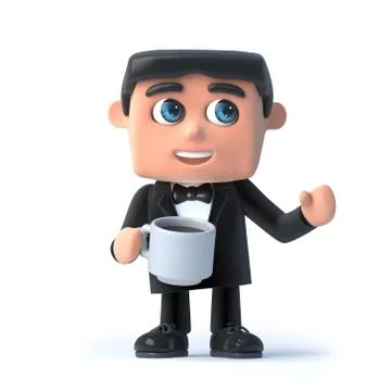 3d render of a man in a tuxedo and bow tie drinking a cup of coffee Stock Illustration