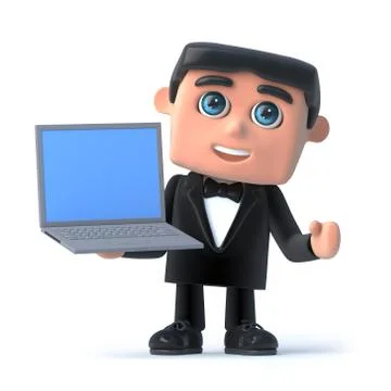 3d render of a man in a tuxedo and bow tie holding a laptop Stock Illustration