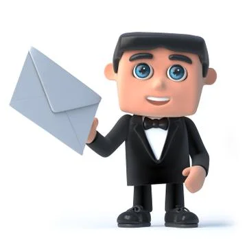 3d render of a man in a tuxedo and bow tie holding an envelope Stockillustratie