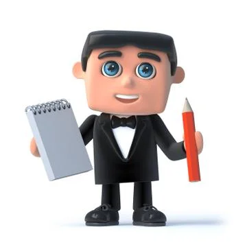 3d render of a man in a tuxedo and bow tie holding a notepad and pencil 스톡 일러스트