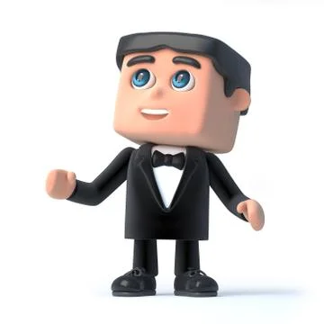 3d render of a man wearing a tuxedo and bow tie and looking up. Stockillustratie