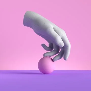 3d render, mannequin hand and ball, relaxed gesture, isolated on pink Stock-Illustration