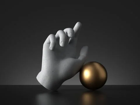 3d render, mannequin hand and golden ball, isolated on black background, イラスト素材