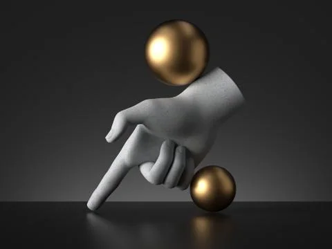3d render, mannequin hand and golden balls, finger pointing down Stock Illustration