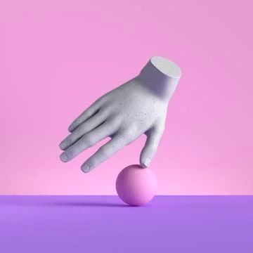 3d render, mannequin hand, ball equilibrium. Balance metaphor, gesture Stock-Illustration