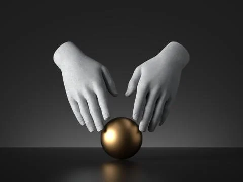 3d render mannequin hands touching golden ball magical trick Stock Illustration