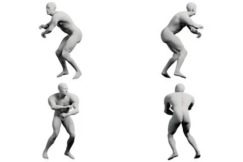 3D render mannequin uprock dance pose multi-view collage Stock-Illustration