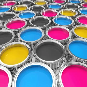 3d render of many color buckets with bright colors in cmyk 스톡 일러스트