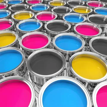3d render of many color buckets with bright colors in cmyk Stockillustratie