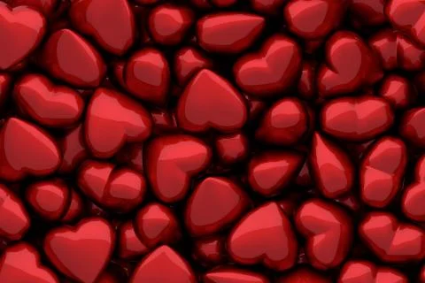 3D render of many dark red glossy hearts as background Illustrazione stock