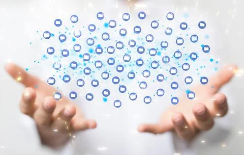 3d render of many digital files info network in male hands with white background 스톡 사진