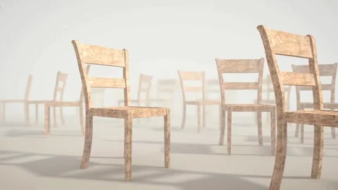 3D Render of Many Empty Wooden Chairs Moving in Eerie Fog 库存影片 320521976