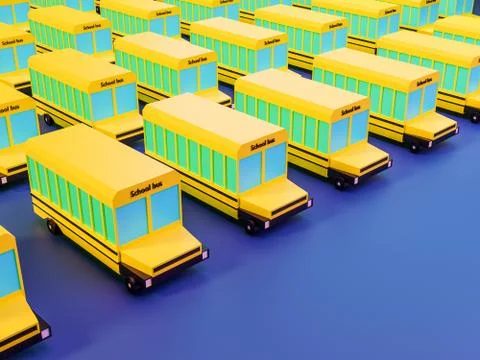 3d render many school bus on blue background in neon colors. Back to school Stock Illustration