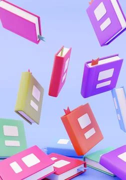3d render. Many stacked books falling blue background Illustrazione stock