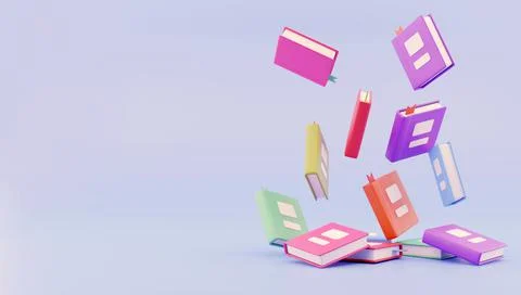3d render. Many stacked books falling on blue background free area for text Stock Illustration