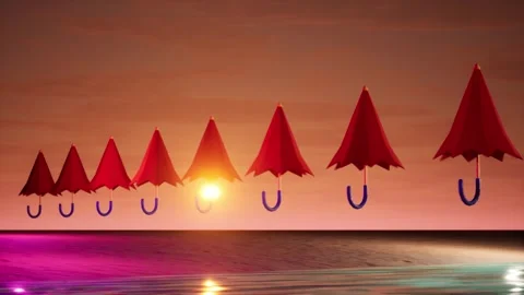 3d render of many umbrellas spinning on the beach with sunrise sun backgroun Video stock 246677393