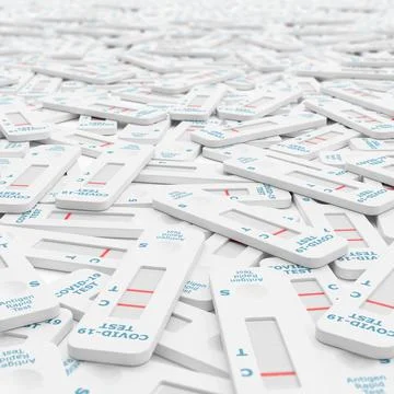 3d render of many used Covid 19 antigen rapid tests 스톡 일러스트