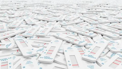 3d render of many used Covid 19 antigen rapid tests 스톡 일러스트