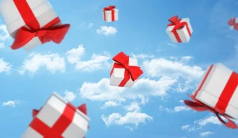 3d render of many white gift boxes with red bows falling from the sky in the Stock Illustration