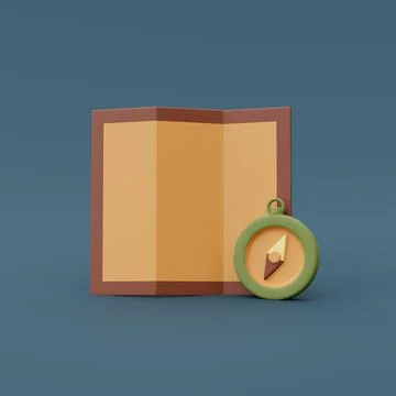 3d render of map and compass on blue background,Camping equipment,holiday vac Stock Illustration