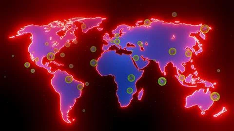 3d render. map of the earth is highlighted in glow red, particles of coronavirus Stock Illustration