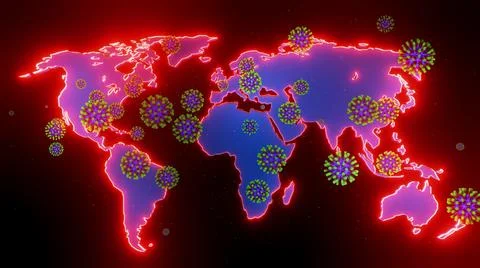 3d render. map of earth is highlighted in glow red, particles of coronavirus Stock Illustration