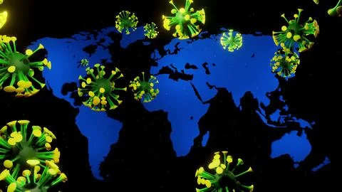 3d render. map of the earth, particles of coronavirus flying over it. Concept of Ilustração Stock