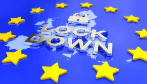3d render of a map of Europe on it a padlock and the message lockdown Stock Illustration