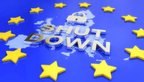 3d render of a map of Europe on it a padlock and the message shutdown Illustrazione stock