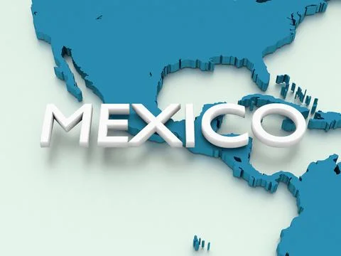3D render of a map of middle America in blue focused on Mexico Stock Illustration