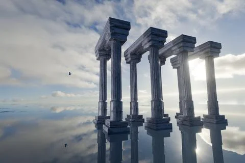 3d render of marble columns with dramatic sky and smooth water Stock Illustration
