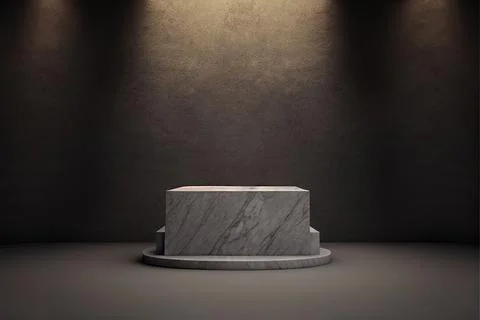 3D render of a marble podium under the limelight against a gray wall Stock Illustration