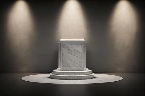 3D render of a marble podium under the limelight against a gray wall Stock Illustration