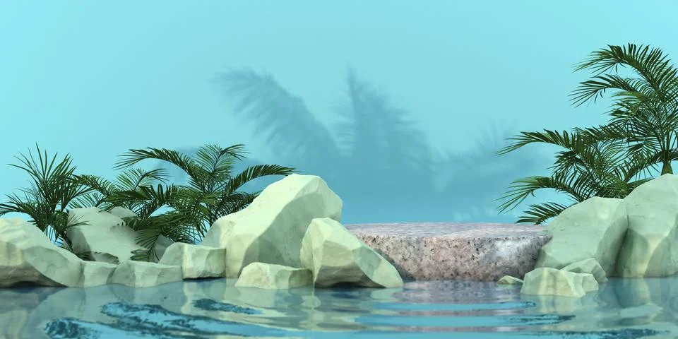 3D render marble stand on water reflection for premium product nature green.. 스톡 사진