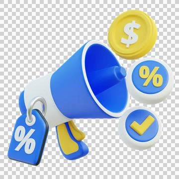 3D Render of Marketing Promotion Concept with Megaphone and Discount Icons Stock Illustration