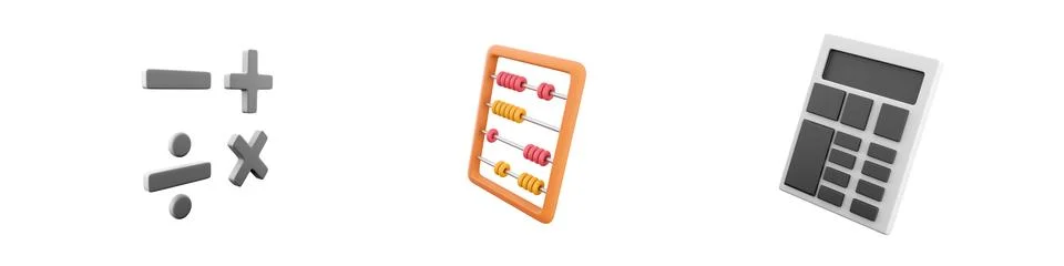 3d render mathmetical operations, calculatir, calculate icon set on white Stock Illustration