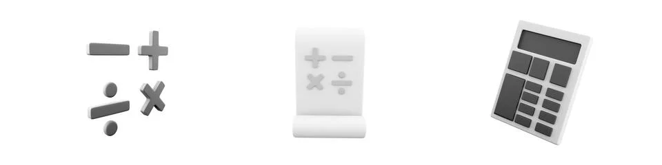 3d render mathmetical operations, paper roll, calculator icon set on white Stock Illustration