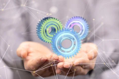 3D render of mechanical gears being manipulated in a holographic manner 스톡 사진