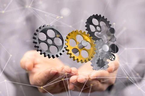 3D render of mechanical gears being manipulated in a holographic manner 스톡 사진