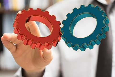 3D render of mechanical gears being manipulated in a holographic manner 스톡 사진