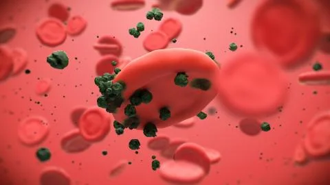 3d render medical background with platelets being infected. Blood cell damage Stock Illustration