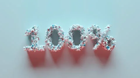 3d render of medical pills that forms text title. 100%  word... Stock Illustration