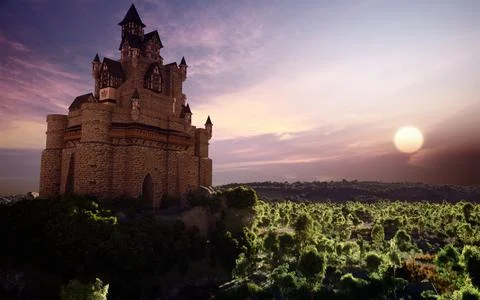 A 3D render of a medieval fantasy castle on a hill surrounded by trees under  Stock Illustration