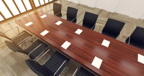 3d render of meerting office with chairs and wooden table with big windows Stock Illustration