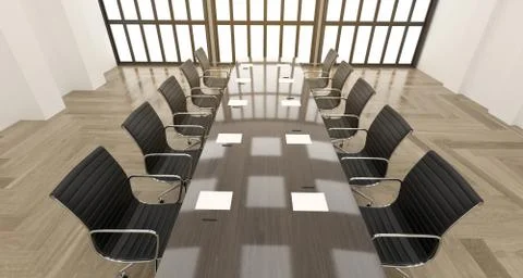 3d render of meerting office with chairs and wooden table with big windows Stock Illustration