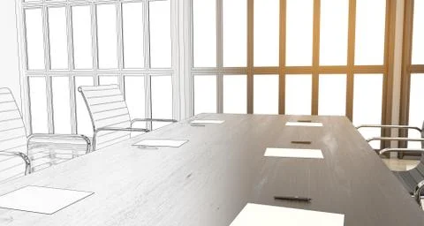 3d render of meerting office with chairs and wooden table with big windows Stock Illustration