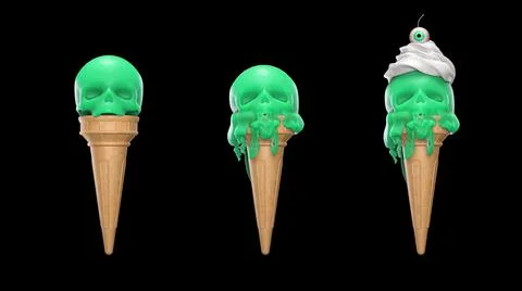 3d render Melting ice cream in the form of a skull on a black background Illustrazione stock