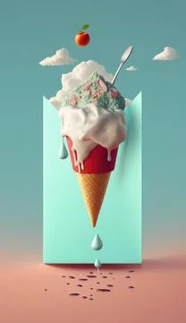 3d render melting ice cream cone with flying apple over it on a pink and ... Stock Photos